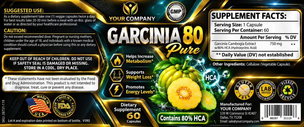 Garcinia Cambogia Pure 80% Supplement Label – Futuristic & Neon Design