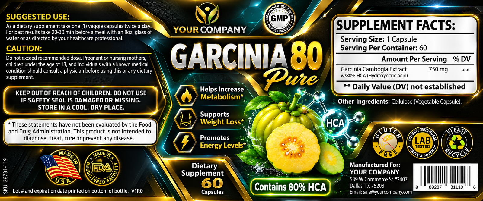 Garcinia Cambogia Pure 80% Supplement Label – Futuristic & Neon Design