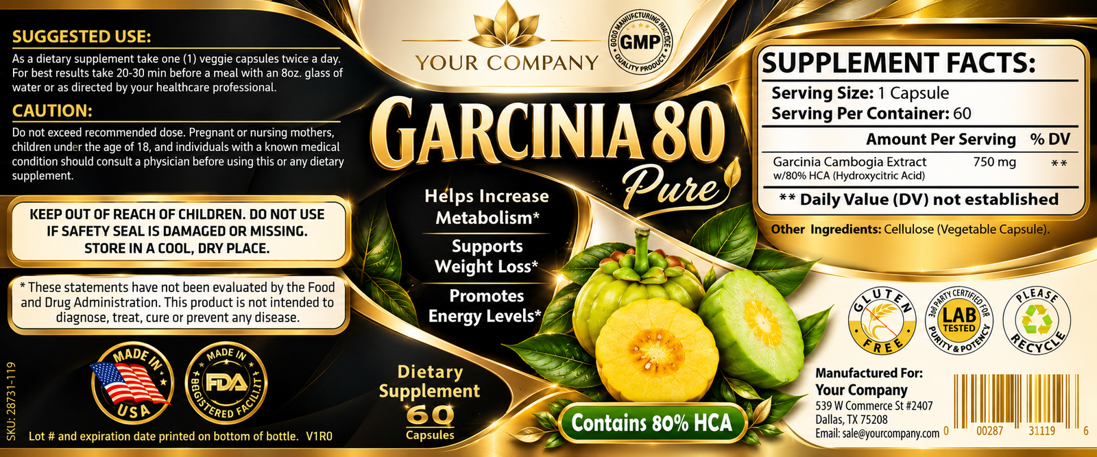 Garcinia Cambogia Pure 80% Supplement Label – Luxury & Premium Design