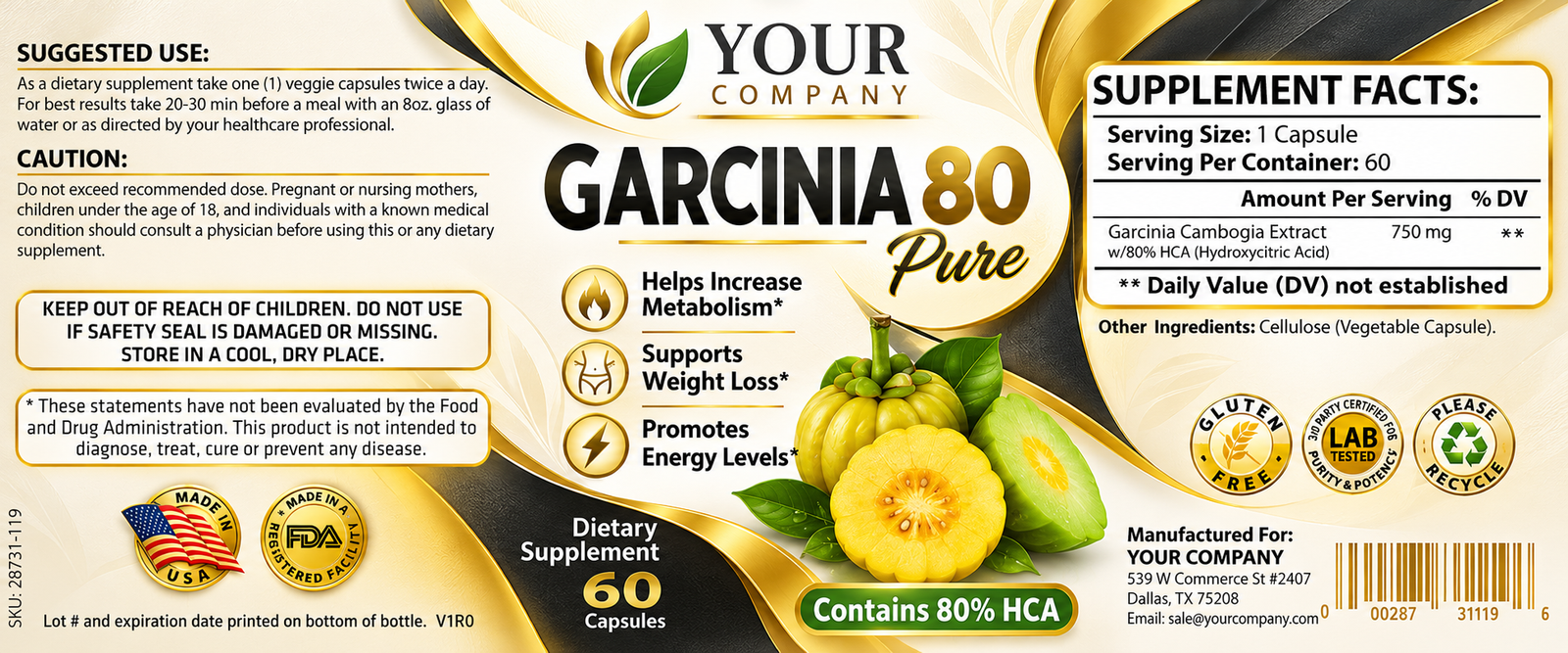 Garcinia Cambogia Pure 80% Supplement Label – Modern & Clean Design