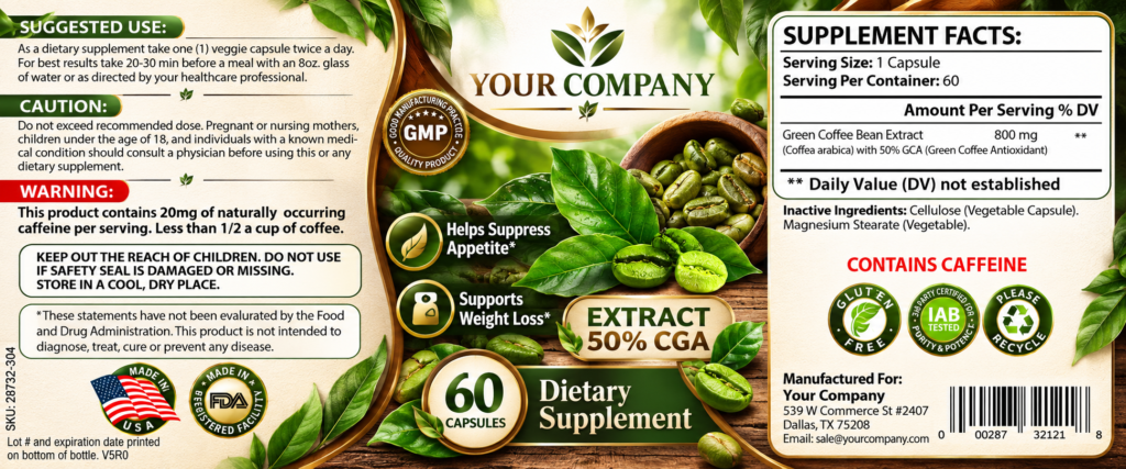 Green Coffee Bean GCA Supplement Label – Botanical & Natural Design