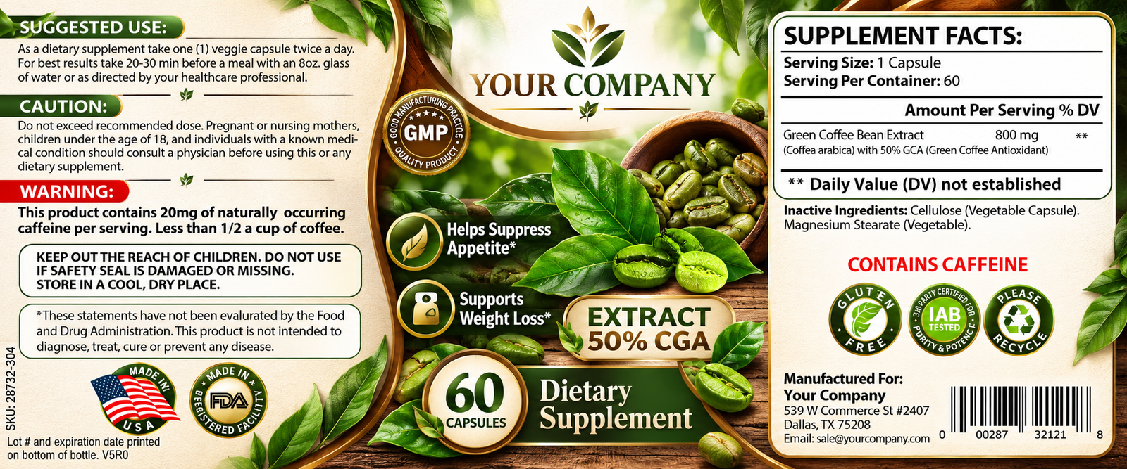Green Coffee Bean GCA Supplement Label – Botanical & Natural Design