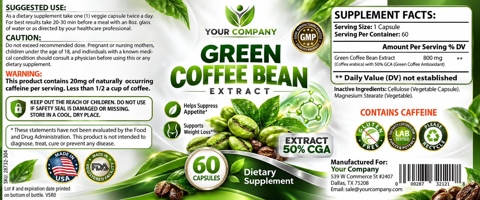 Green Coffee Bean GCA Supplement Label – Classic & Elegant Design