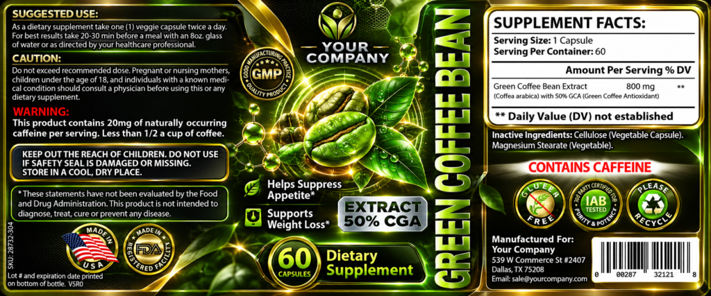 Green Coffee Bean GCA Supplement Label – Futuristic & Neon Design