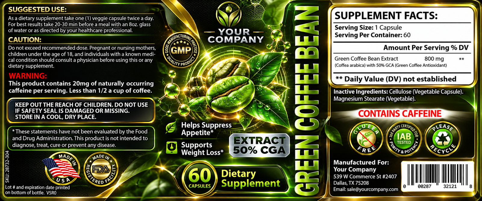 Green Coffee Bean GCA Supplement Label – Futuristic & Neon Design