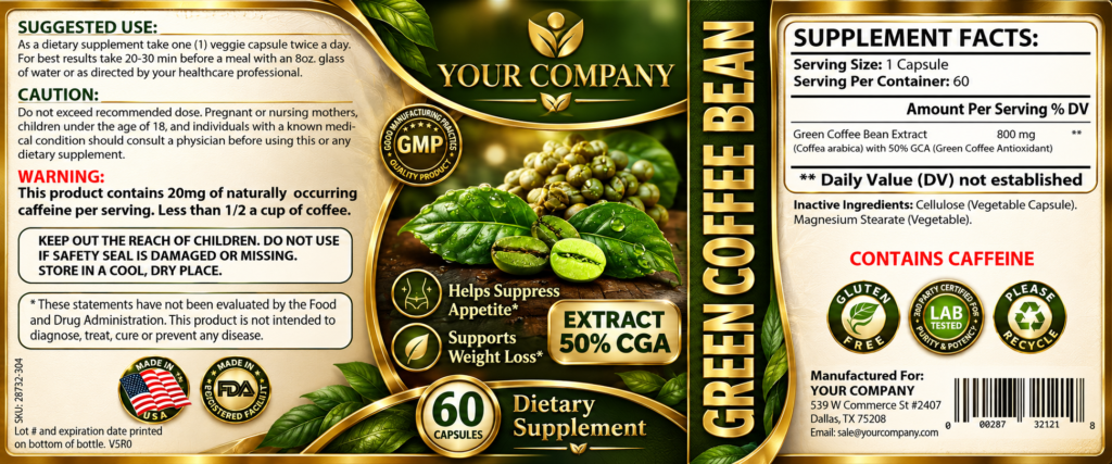 Green Coffee Bean GCA Supplement Label – Luxury & Premium Design