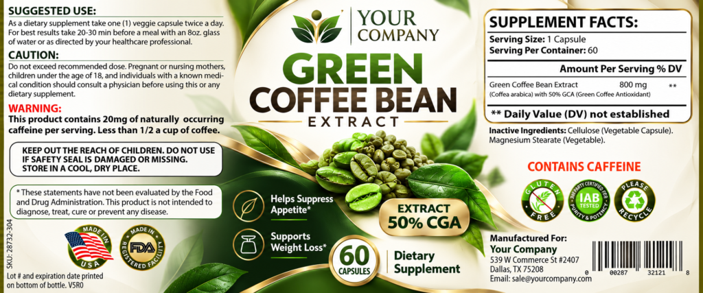 Green Coffee Bean GCA Supplement Label – Modern & Clean Design