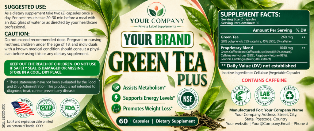 Green Tea Plus Supplement Label – Botanical & Natural Design