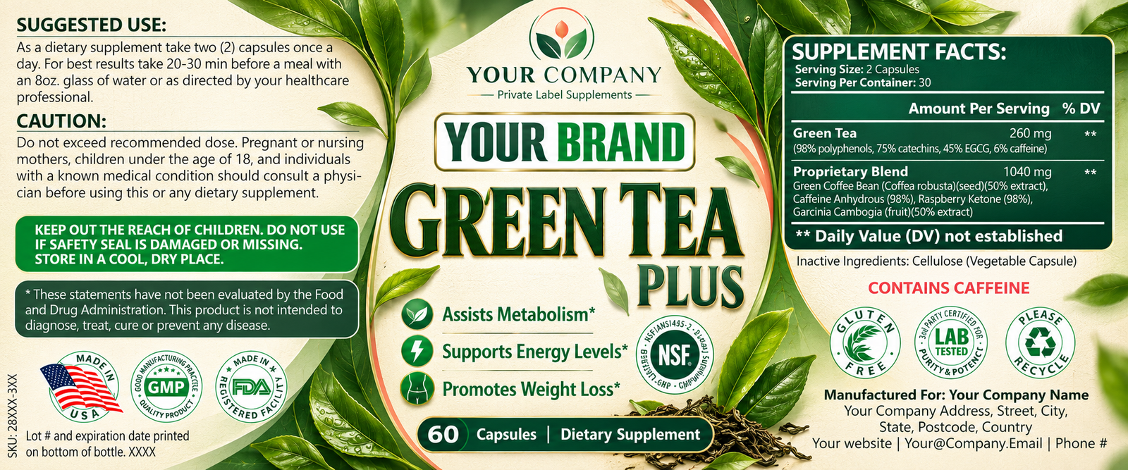 Green Tea Plus Supplement Label – Botanical & Natural Design