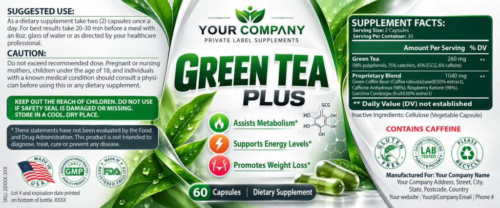 Green Tea Plus Supplement Label – Classic & Elegant Design