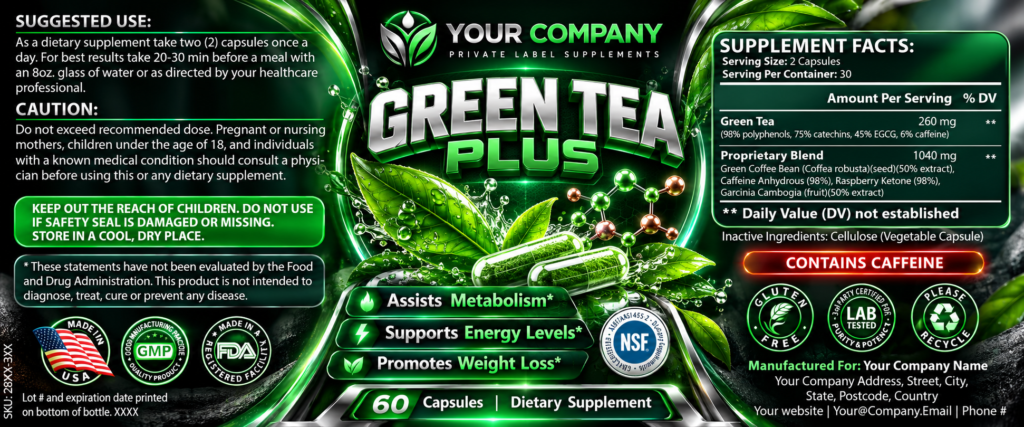 Green Tea Plus Supplement Label – Futuristic & Neon Design