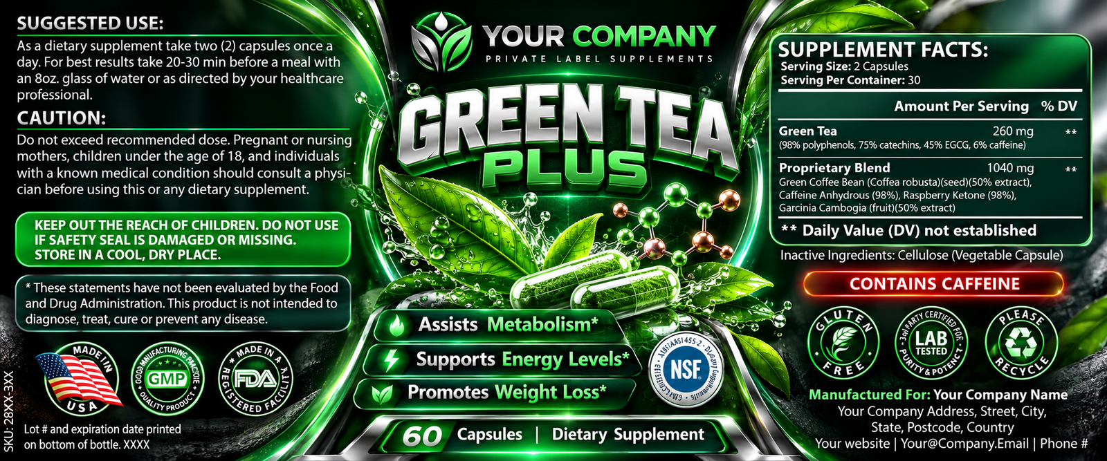 Green Tea Plus Supplement Label – Futuristic & Neon Design