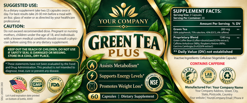 Green Tea Plus Supplement Label – Luxury & Premium Design