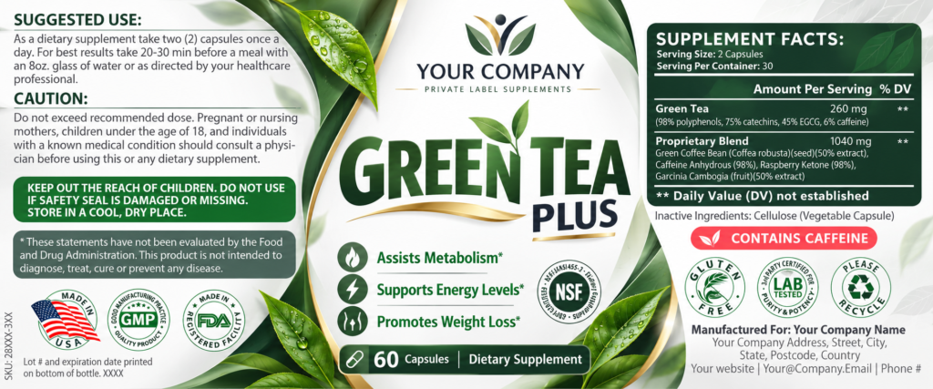 Green Tea Plus Supplement Label – Modern & Clean Design