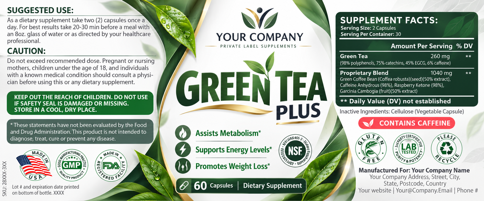 Green Tea Plus Supplement Label – Modern & Clean Design