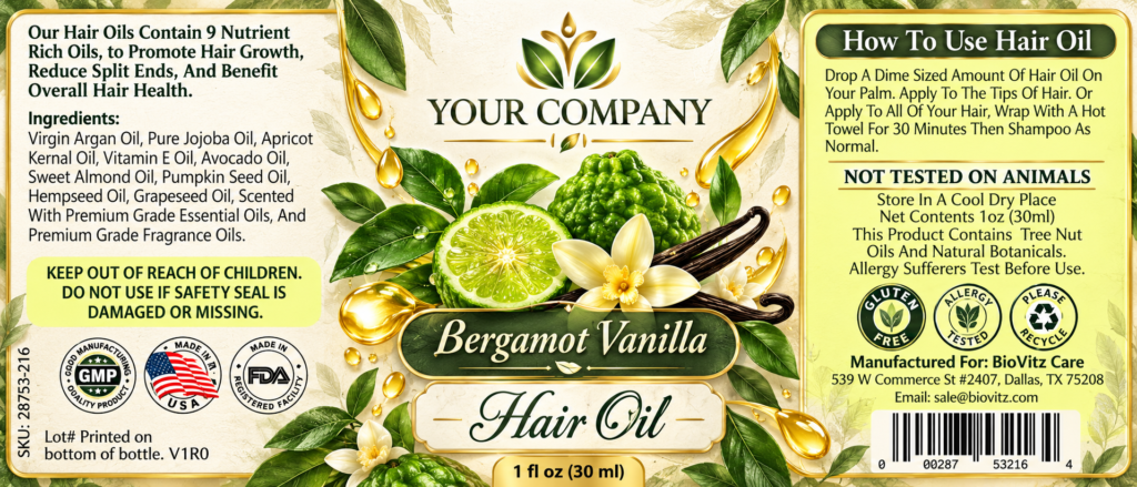 Bergamot Vanilla Hair Oil Label – Botanical & Natural Design