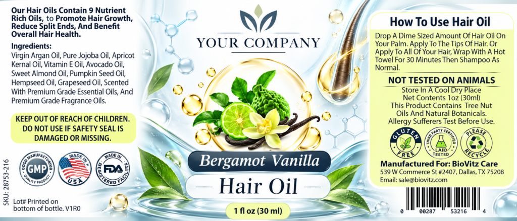 Bergamot Vanilla Hair Oil Label – Classic & Elegant Design