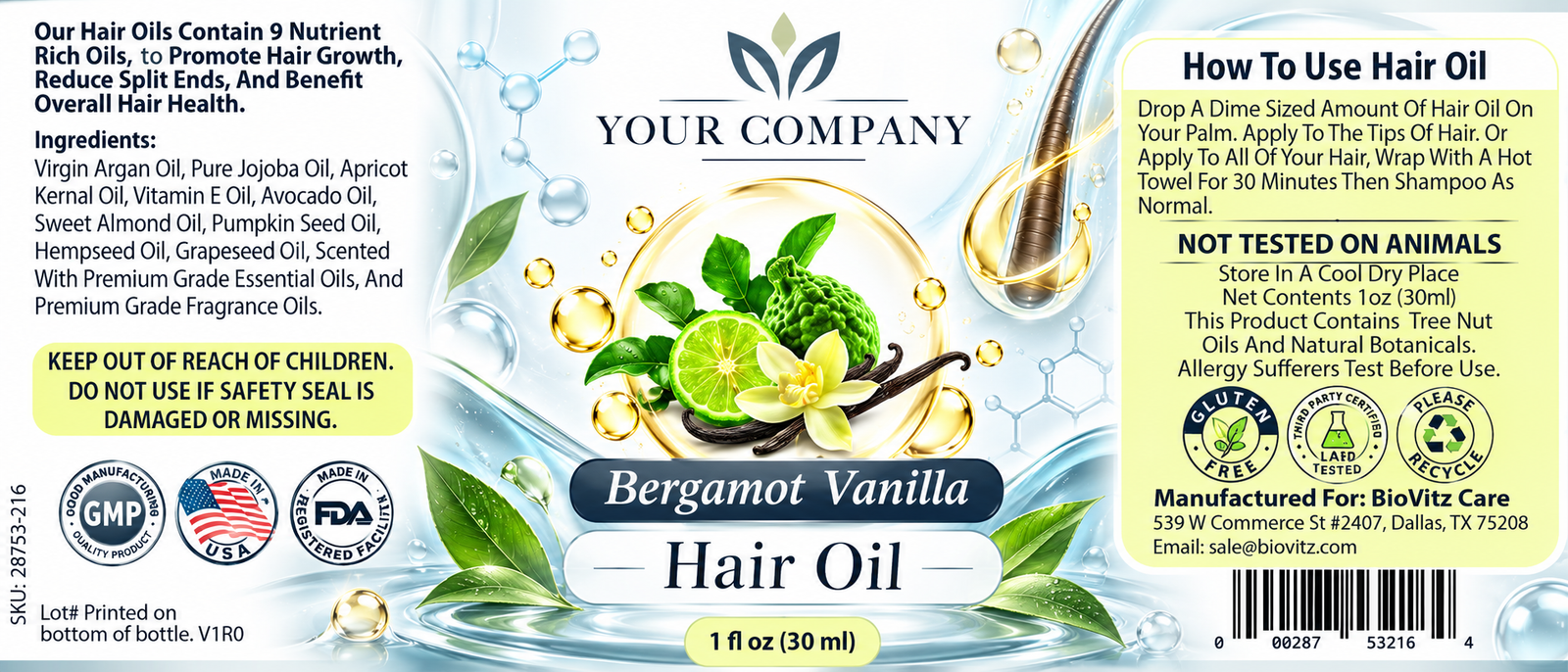 Bergamot Vanilla Hair Oil Label – Classic & Elegant Design