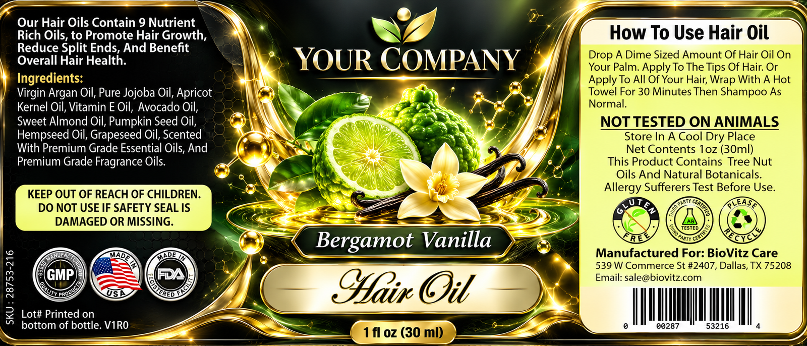 Bergamot Vanilla Hair Oil Label – Futuristic & Neon Design