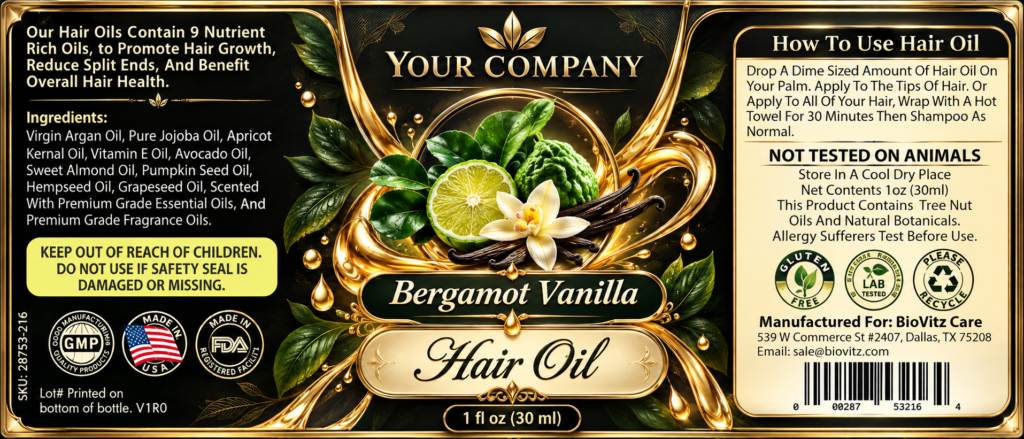 Bergamot Vanilla Hair Oil Label – Luxury & Premium Design
