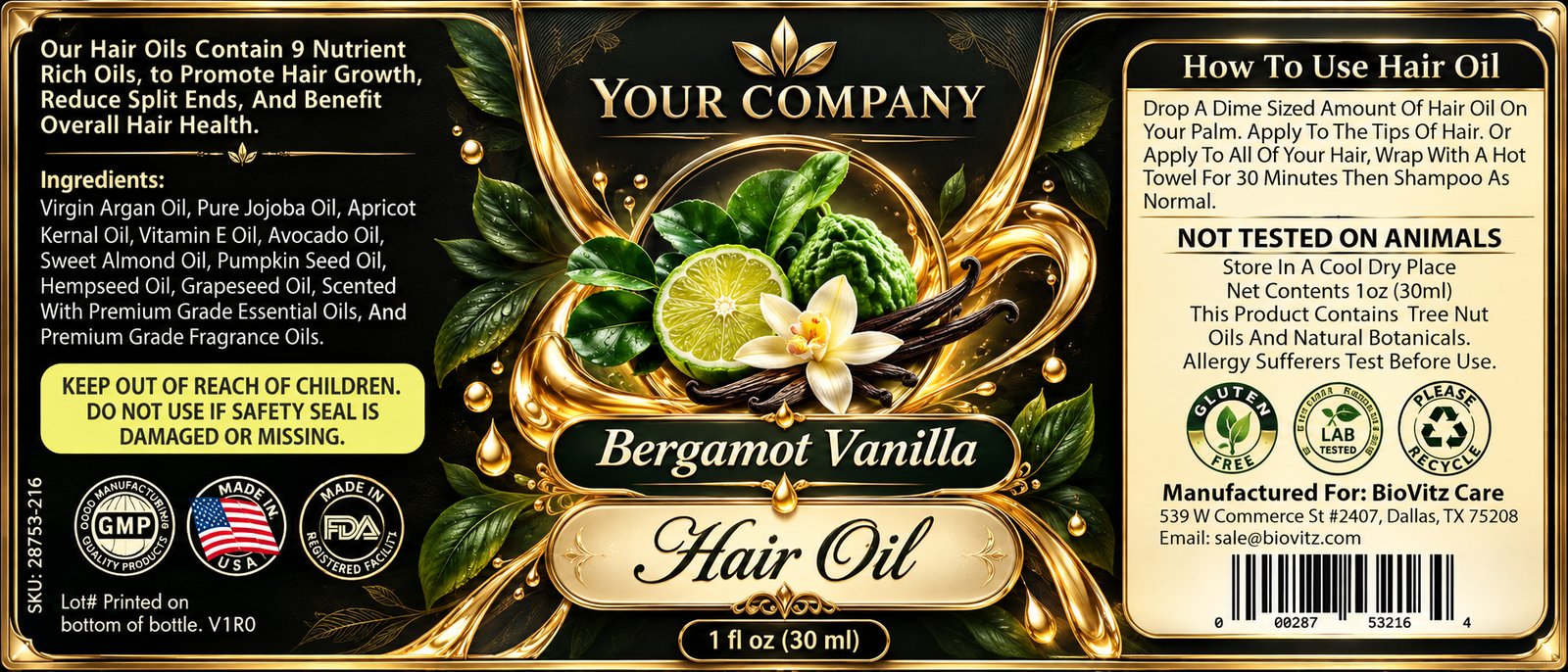 Bergamot Vanilla Hair Oil Label – Luxury & Premium Design