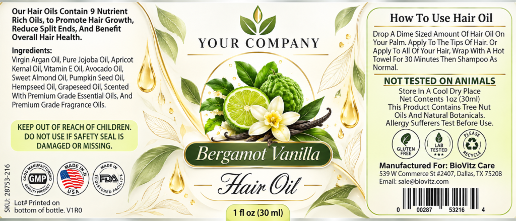Bergamot Vanilla Hair Oil Label – Modern & Clean Design