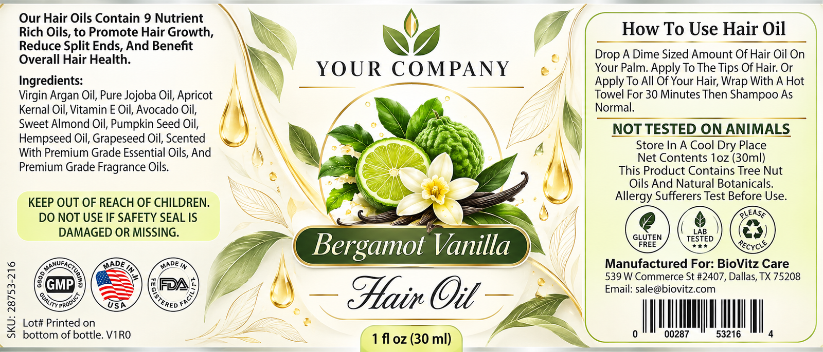 Bergamot Vanilla Hair Oil Label – Modern & Clean Design