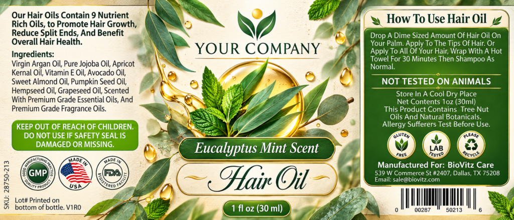 Eucalyptus Mint Hair Oil Label – Botanical & Natural Design