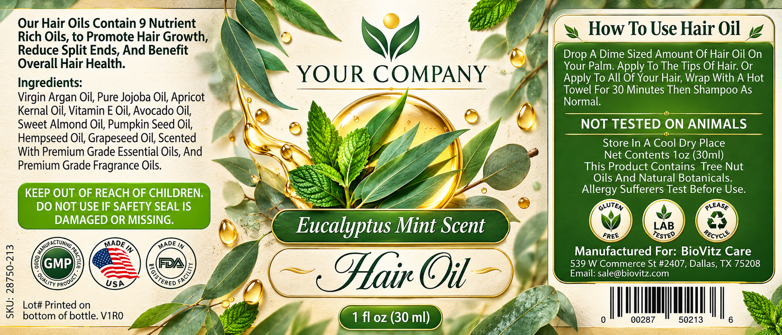 Eucalyptus Mint Hair Oil Label – Botanical & Natural Design