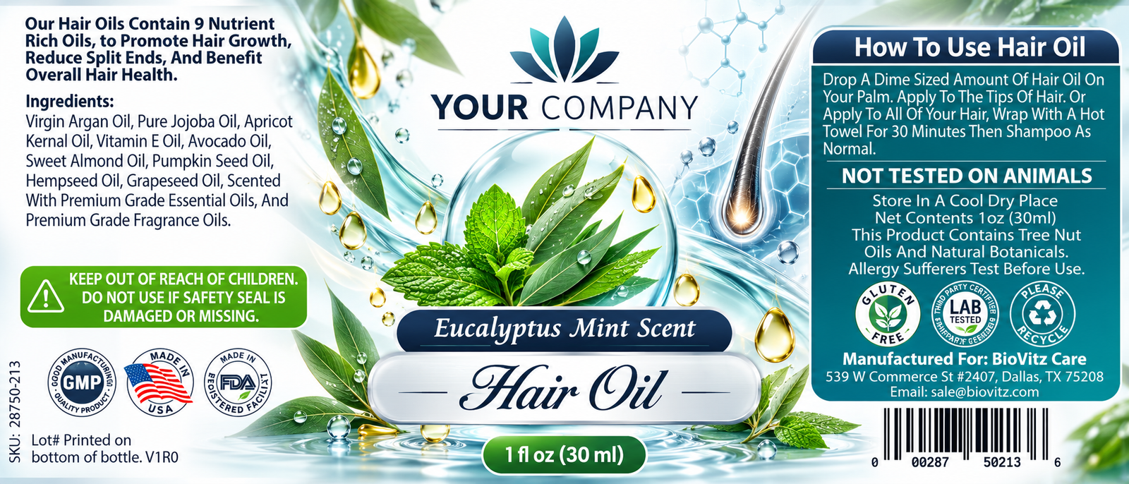 Eucalyptus Mint Hair Oil Label – Classic & Elegant Design