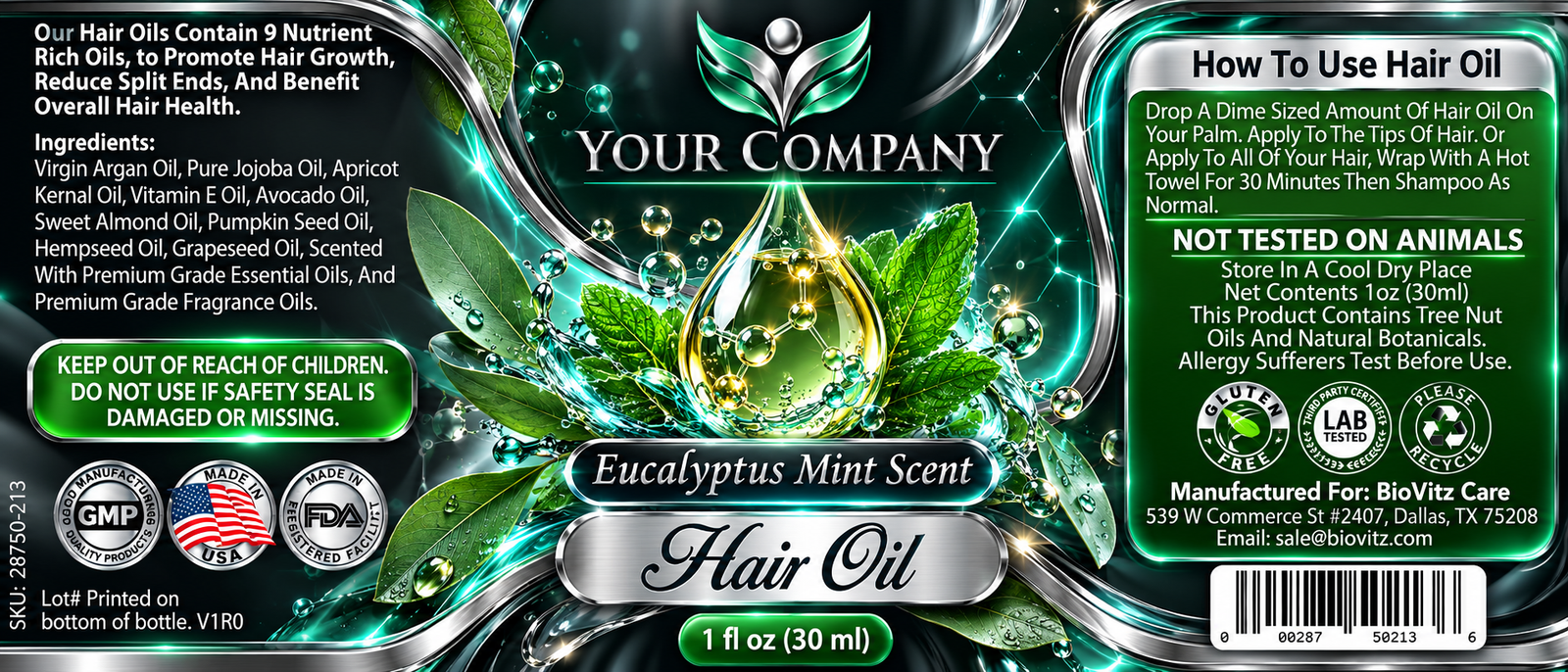 Eucalyptus Mint Hair Oil Label – Futuristic & Neon Design