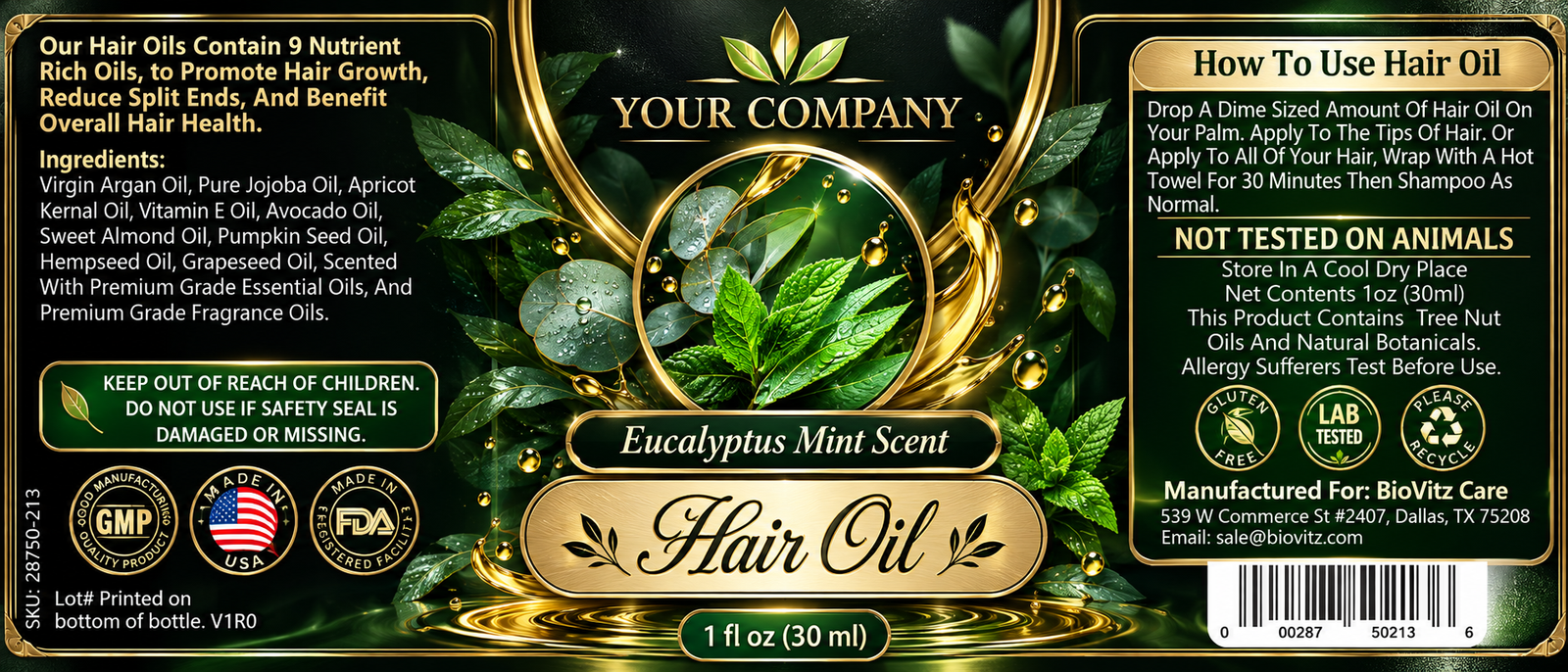 Eucalyptus Mint Hair Oil Label – Luxury & Premium Design