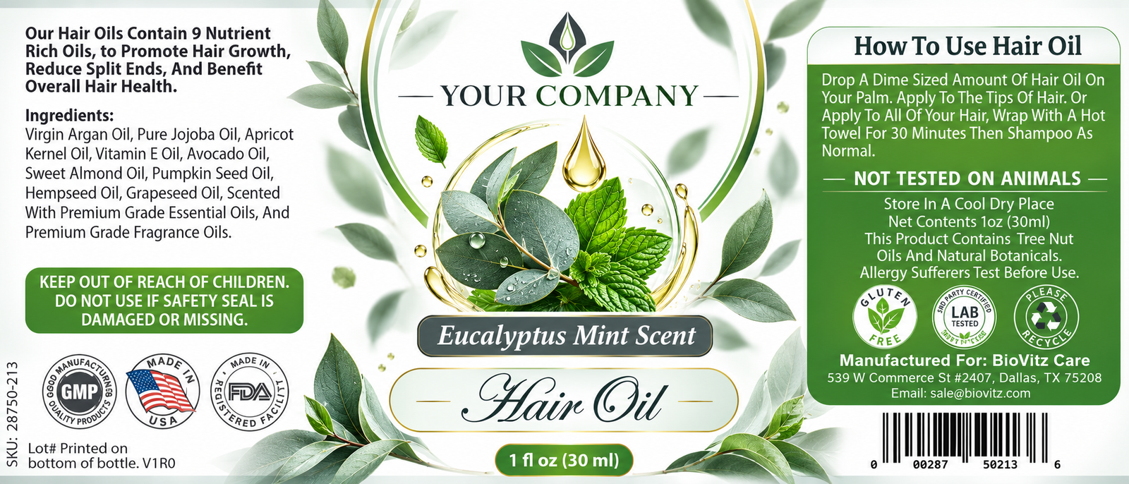 Eucalyptus Mint Hair Oil Label – Modern & Clean Design
