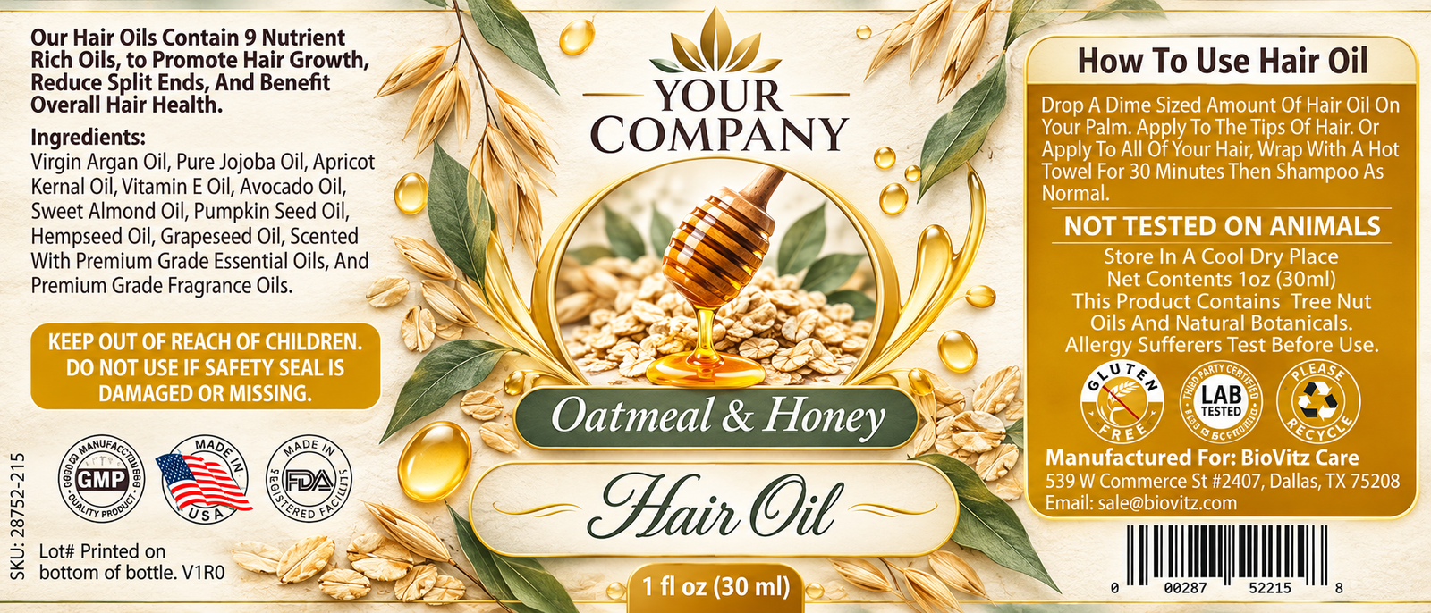 Oatmeal & Honey Hair Oil Label – Botanical & Natural Design