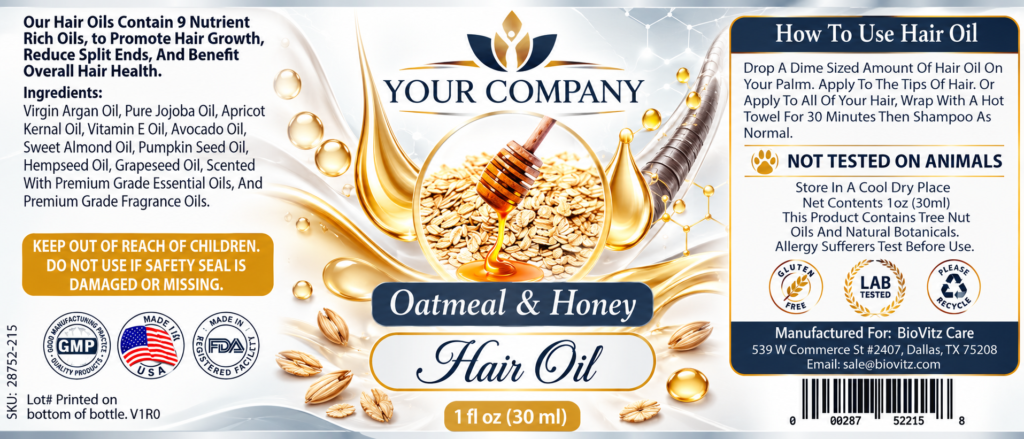 Oatmeal & Honey Hair Oil Label – Classic & Elegant Design