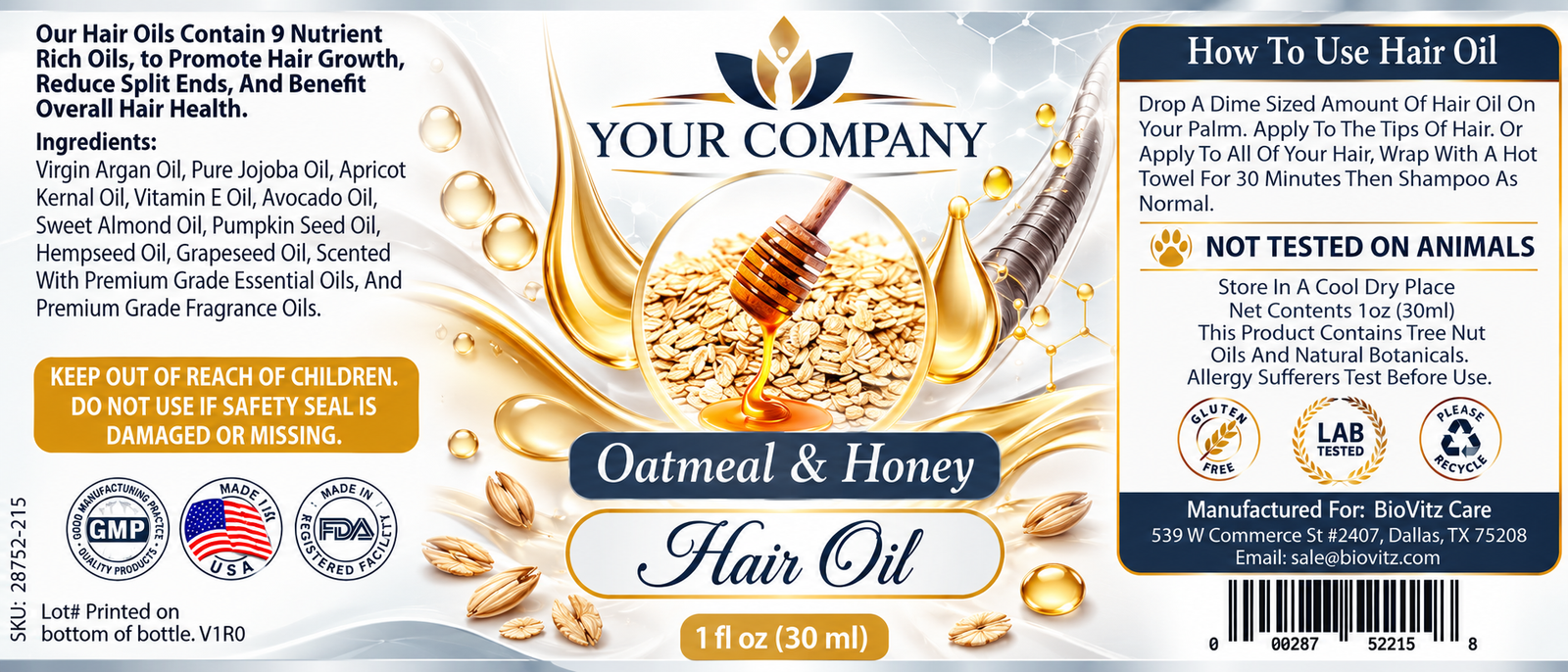 Oatmeal & Honey Hair Oil Label – Classic & Elegant Design