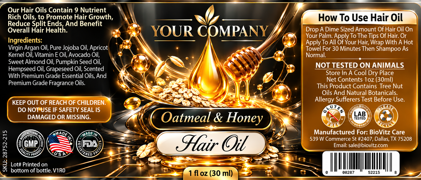 Oatmeal & Honey Hair Oil Label – Futuristic & Neon Design