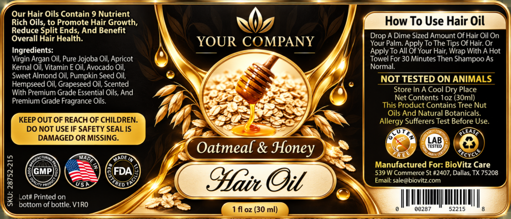 Oatmeal & Honey Hair Oil Label – Luxury & Premium Design