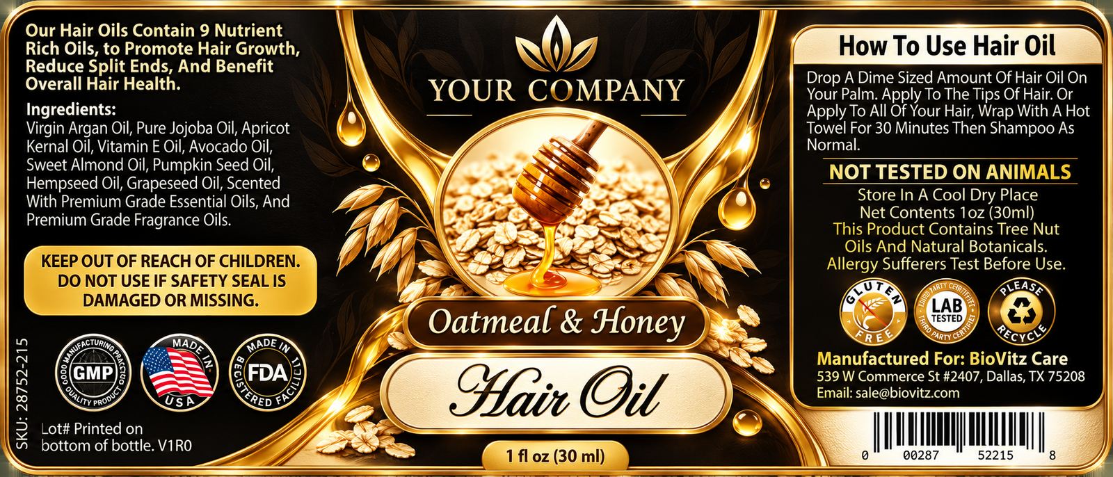 Oatmeal & Honey Hair Oil Label – Luxury & Premium Design