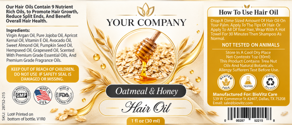 Oatmeal & Honey Hair Oil Label – Modern & Clean Design