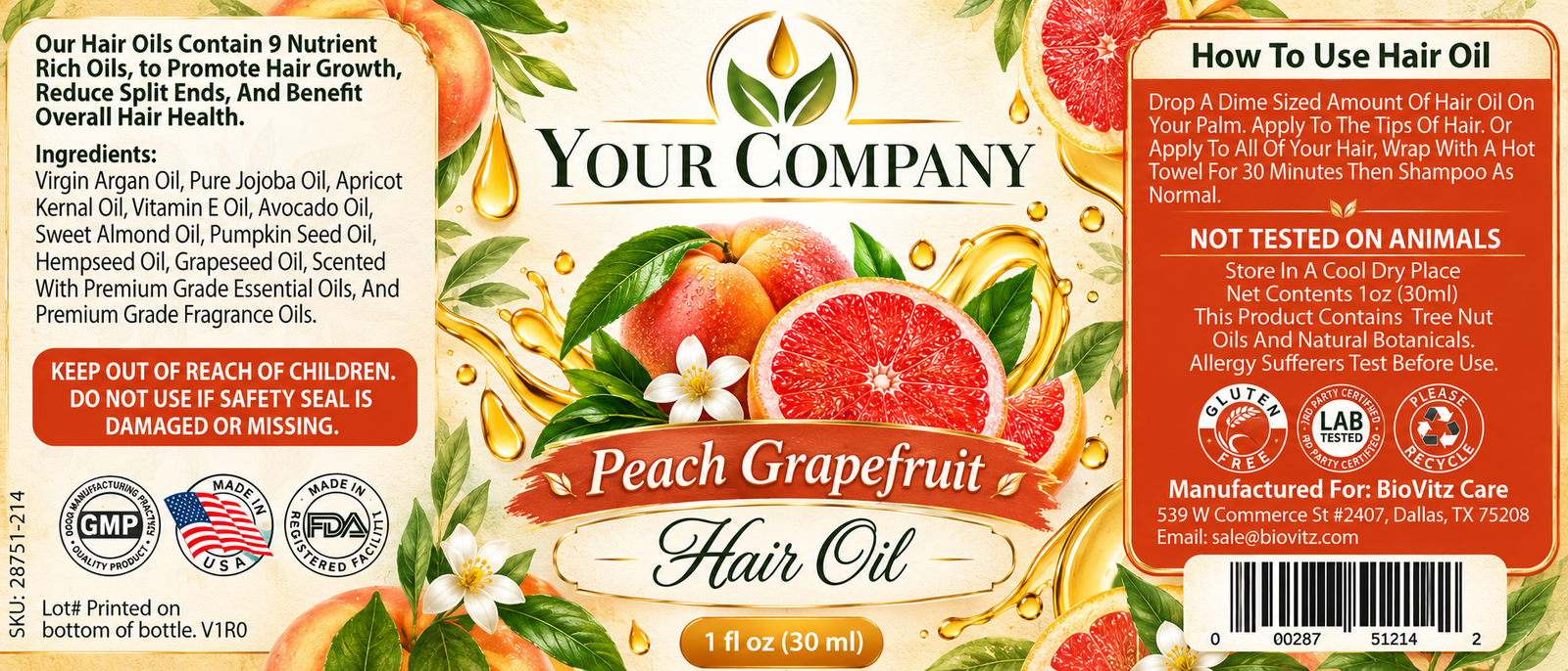 Peach Grapefruit Hair Oil Label – Botanical & Natural Design