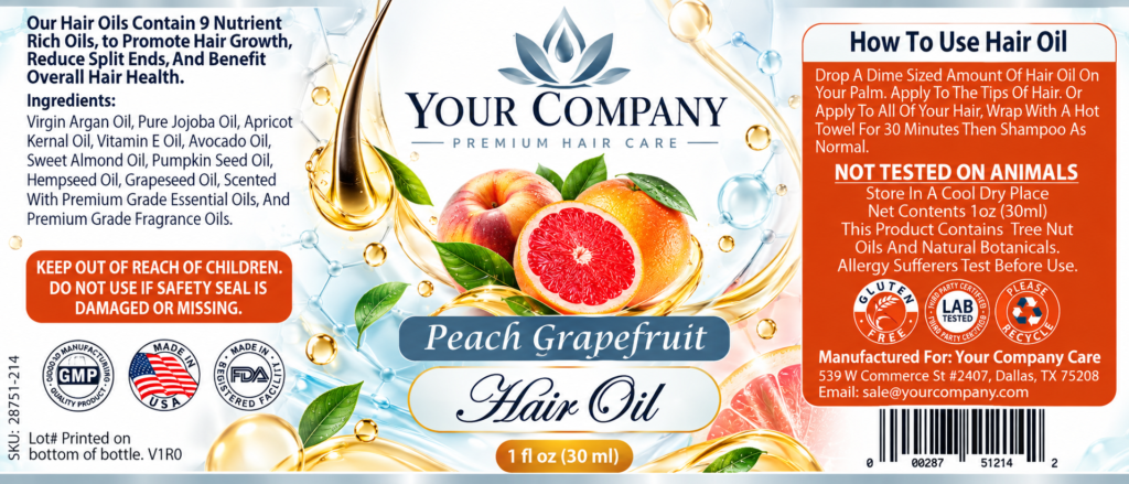 Peach Grapefruit Hair Oil Label – Classic & Elegant Design