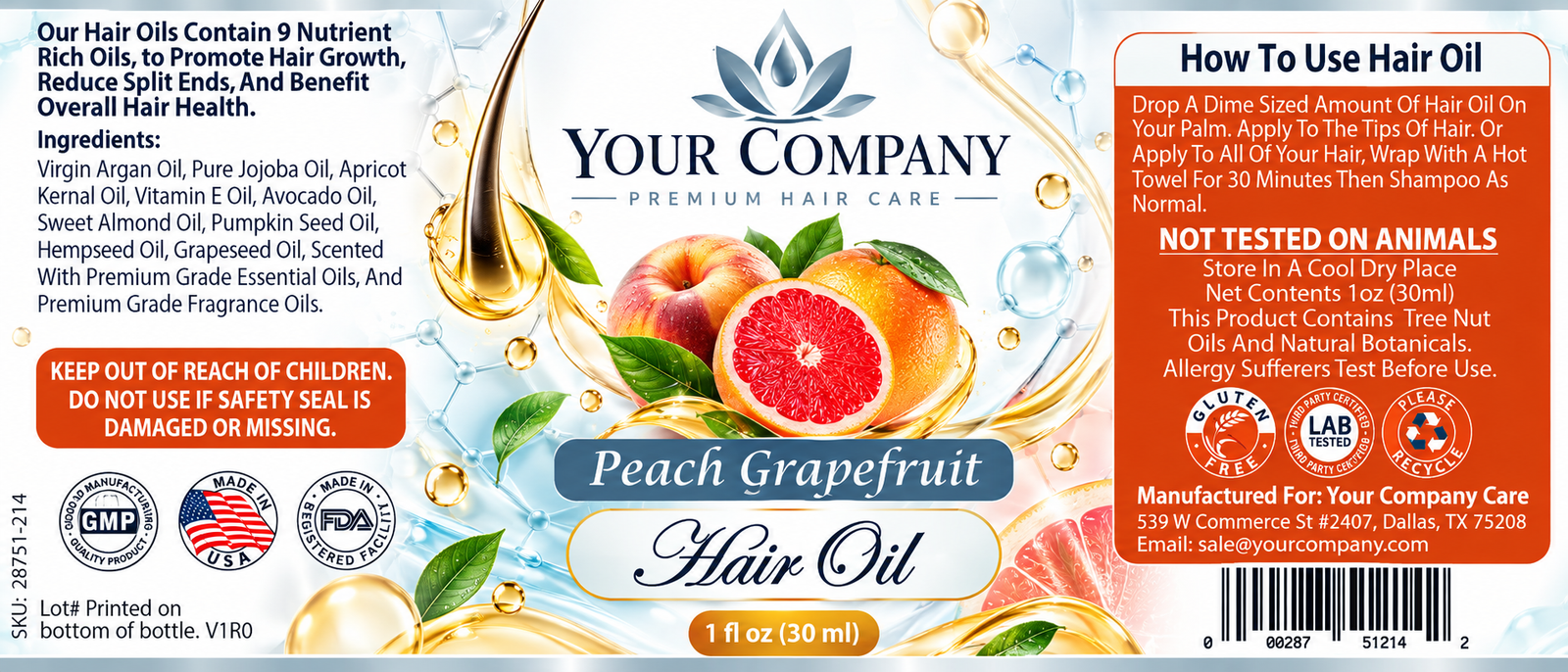 Peach Grapefruit Hair Oil Label – Classic & Elegant Design