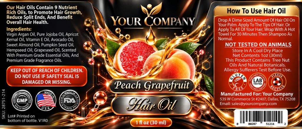 Peach Grapefruit Hair Oil Label – Futuristic & Neon Design