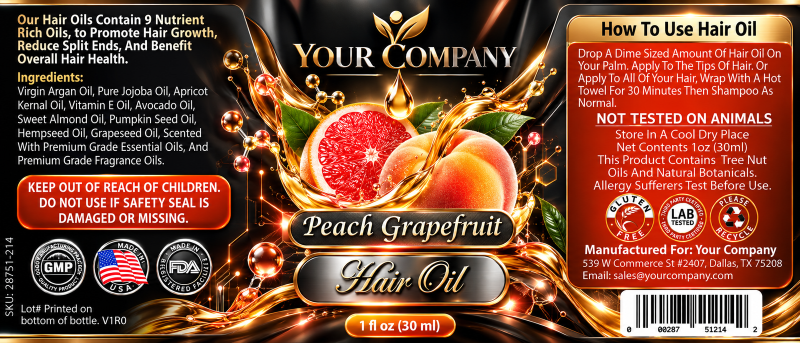 Peach Grapefruit Hair Oil Label – Futuristic & Neon Design