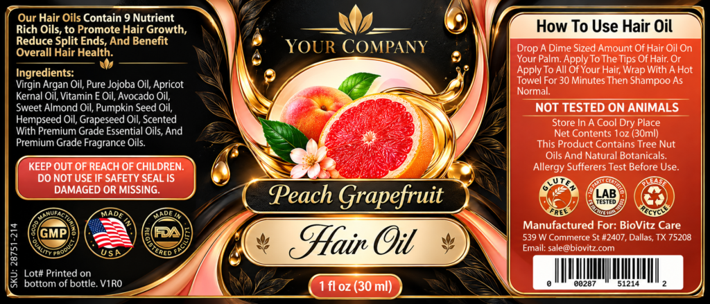 Peach Grapefruit Hair Oil Label – Luxury & Premium Design