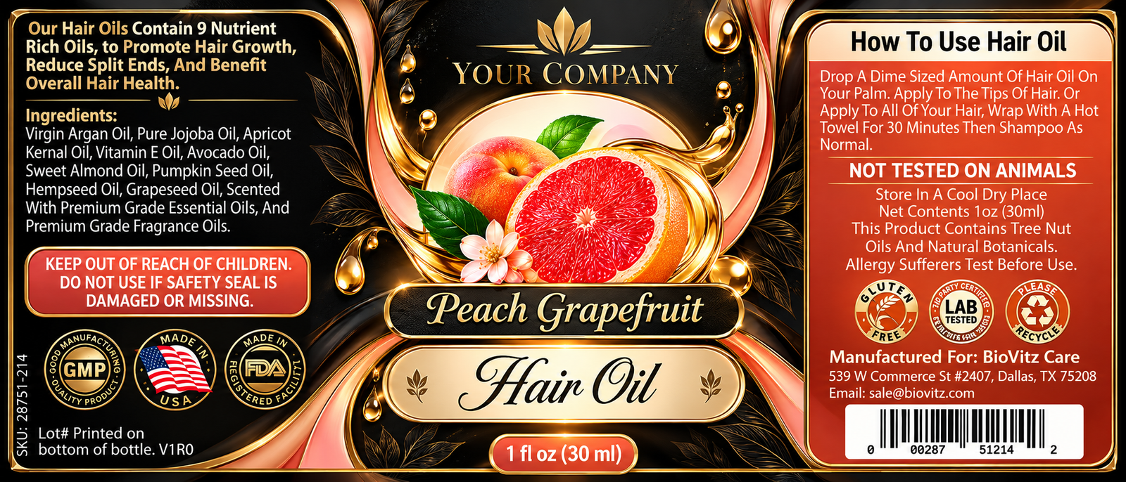Peach Grapefruit Hair Oil Label – Luxury & Premium Design