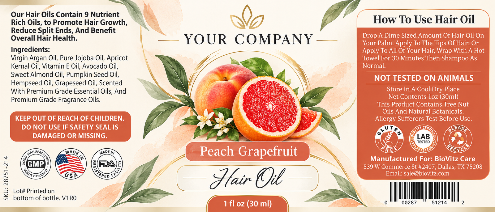 Peach Grapefruit Hair Oil Label – Modern & Clean Design