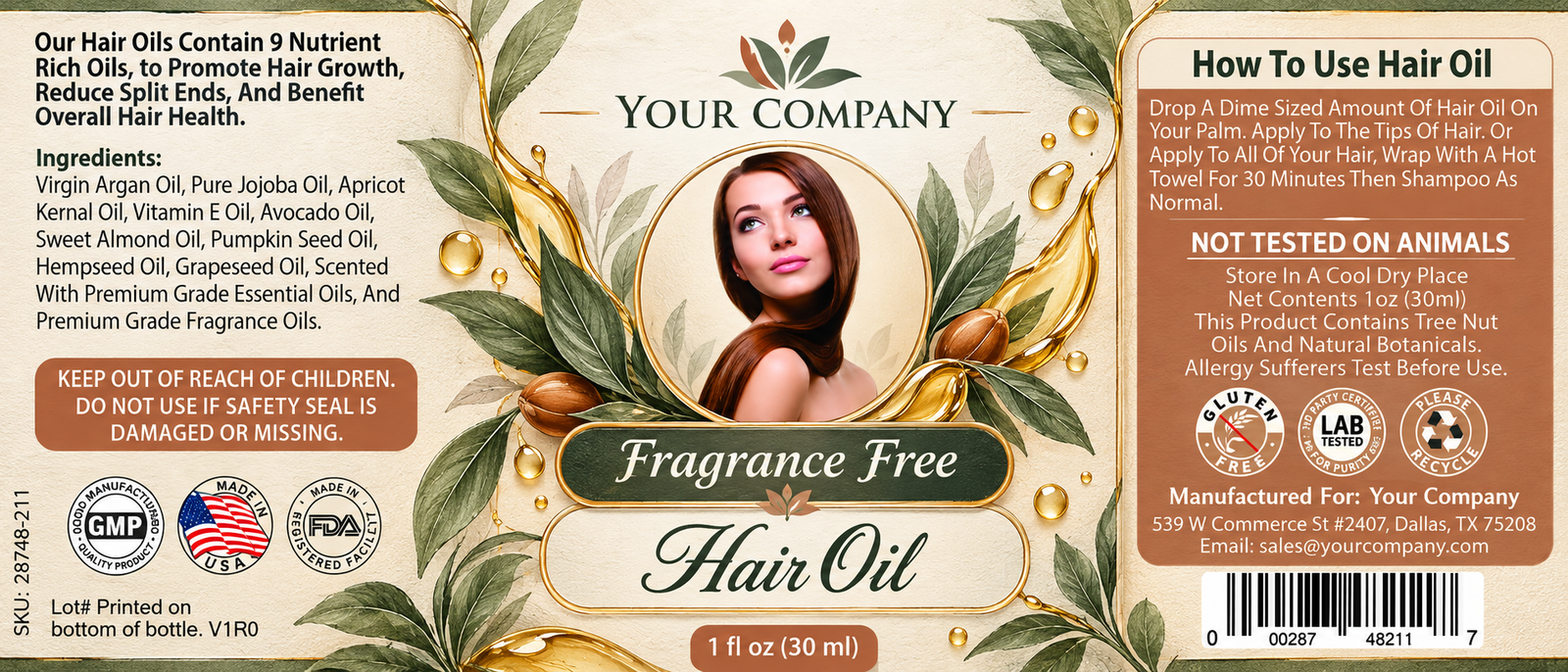Unscented Hair Oil Label – Botanical & Natural Design