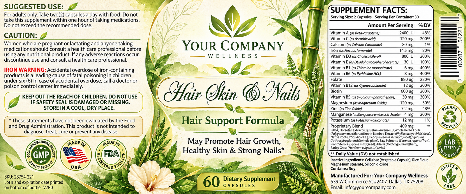 Hair Skin & Nails Skin Care Label – Botanical & Natural Design